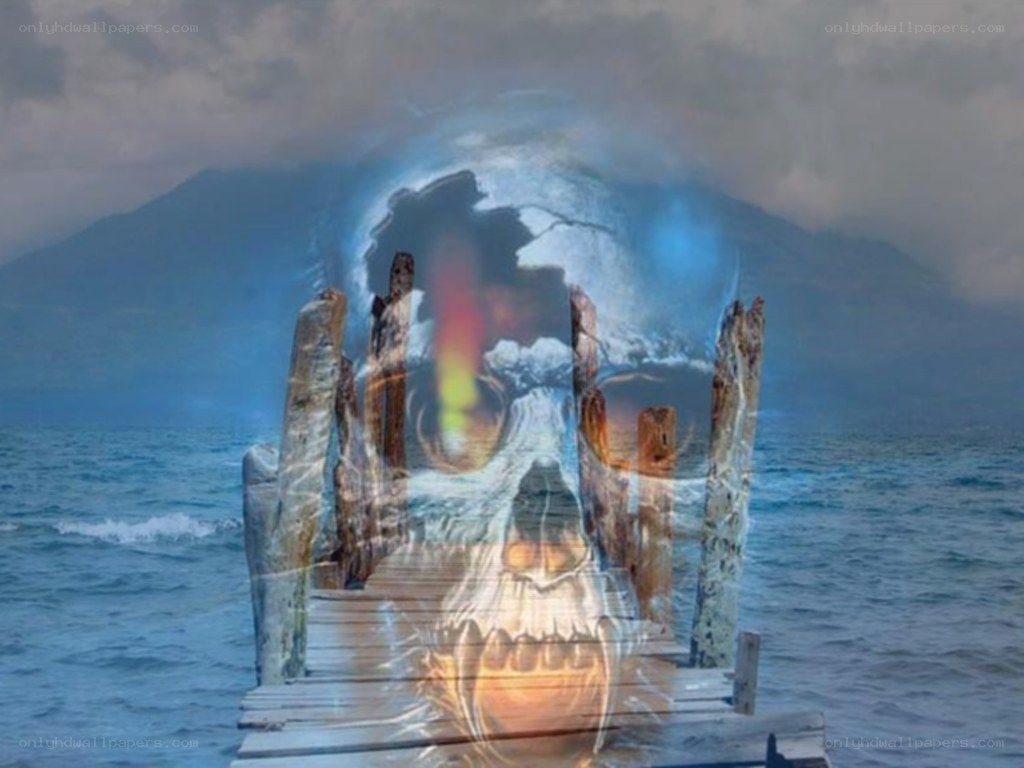 skull over wooden pier