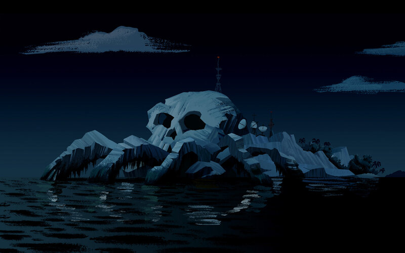 Skull-shaped island at night