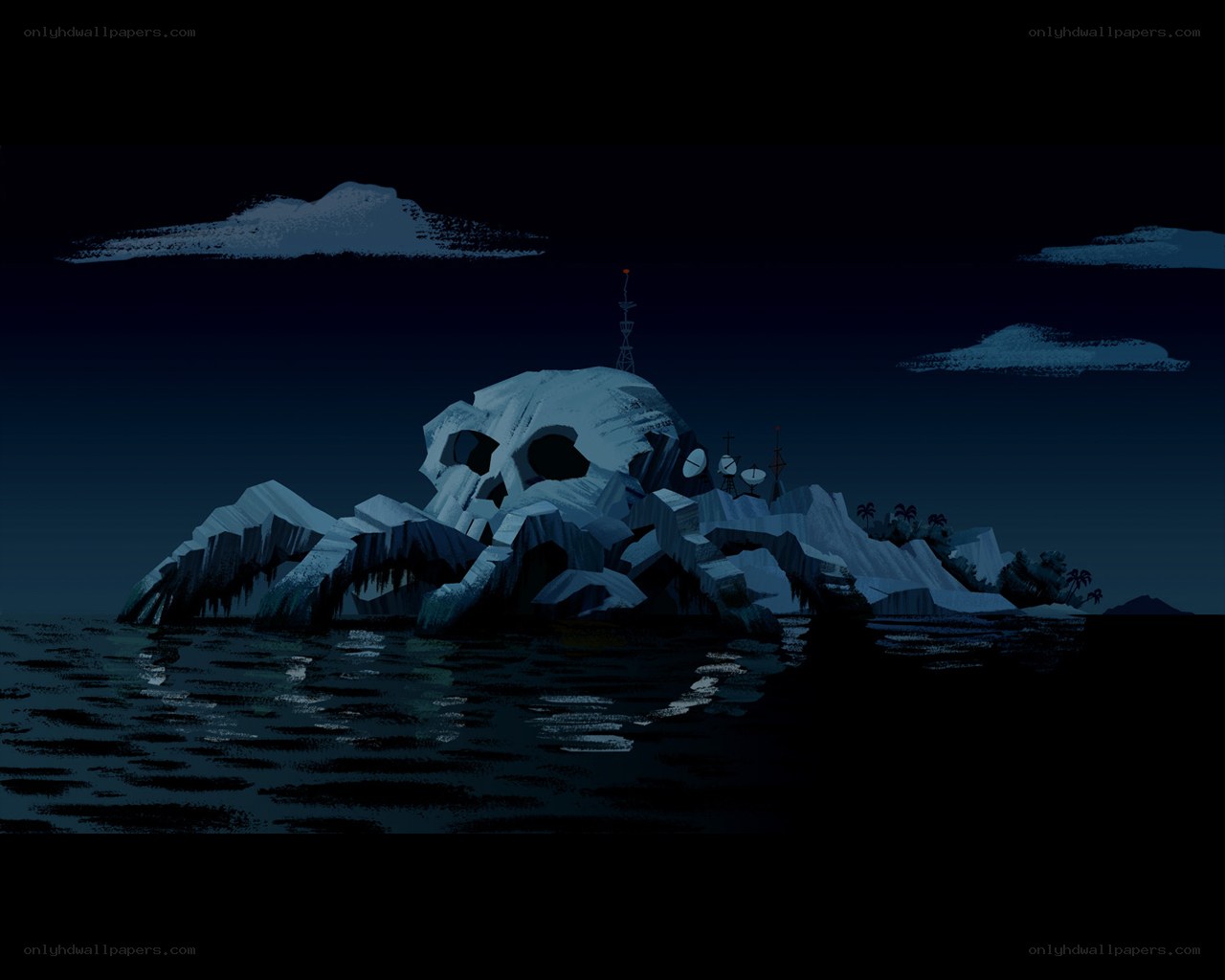 Skull-shaped island at night
