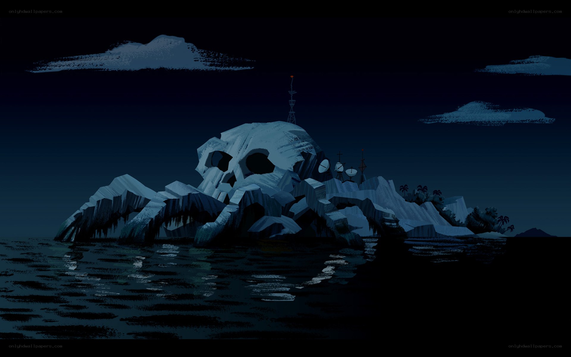 Skull-shaped island at night