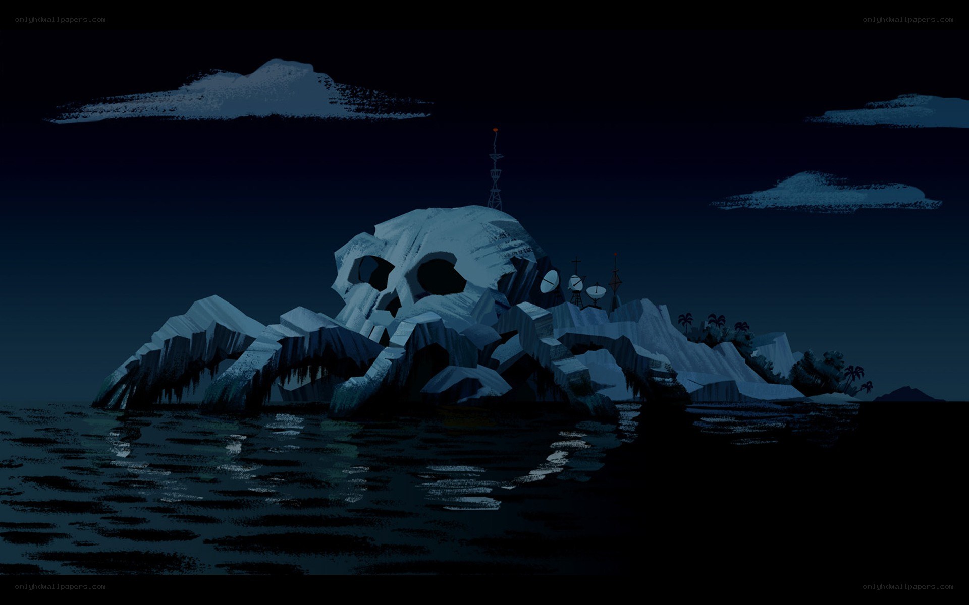 Skull-shaped island at night
