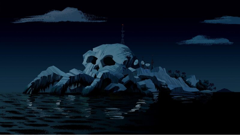 Skull-shaped island at night