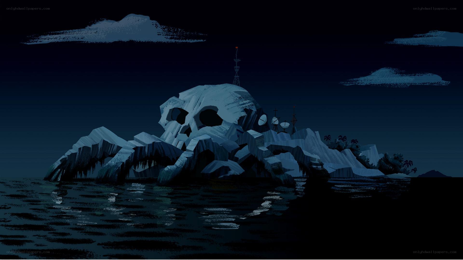 Skull-shaped island at night