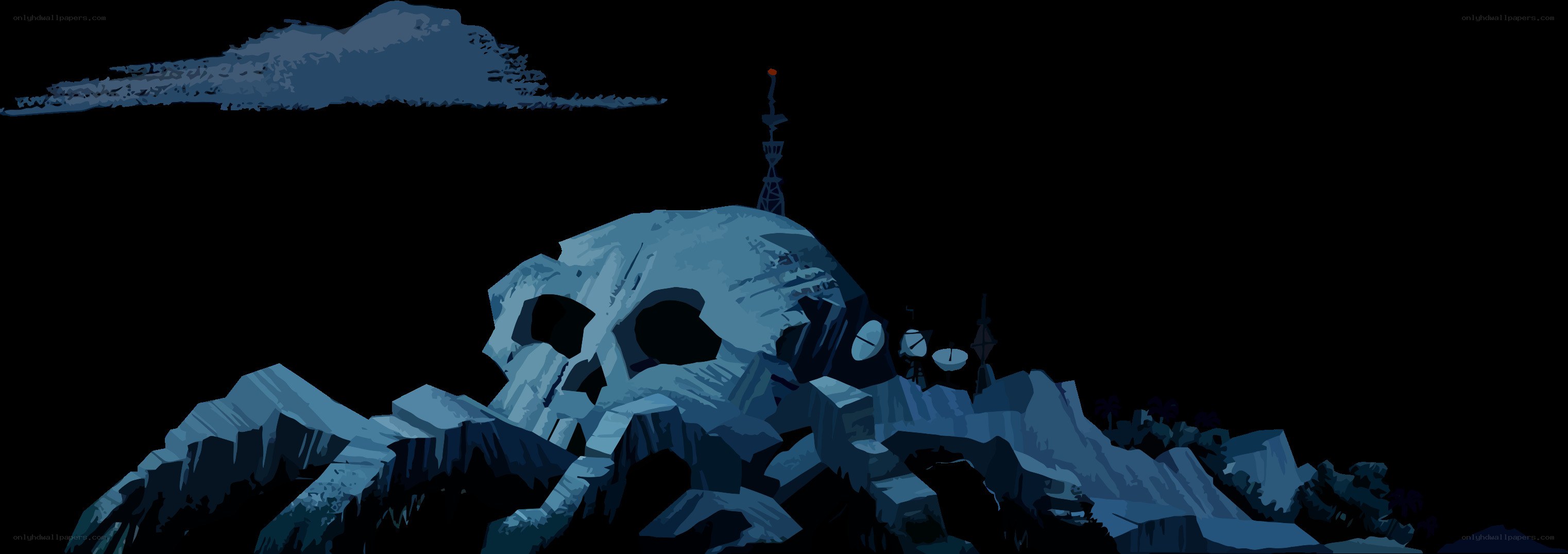 Skull-shaped mountain at night