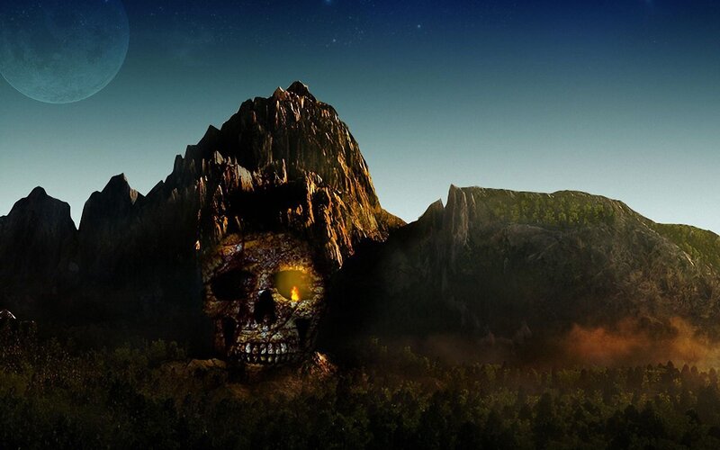 Skull-shaped mountain at night
