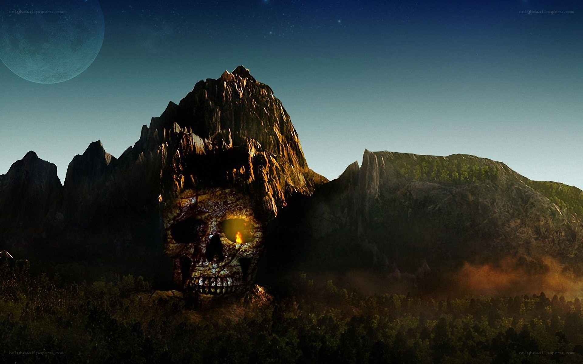 Skull-shaped mountain at night