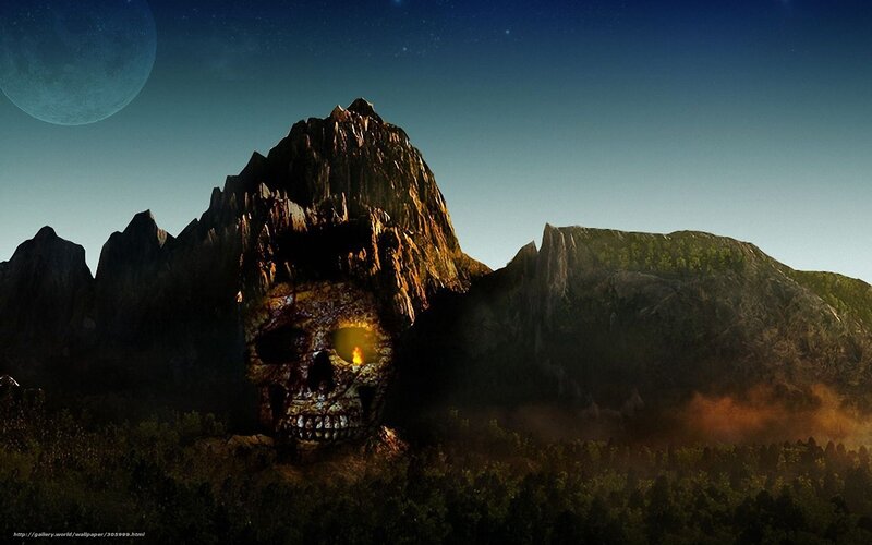 Skull-shaped mountain at night