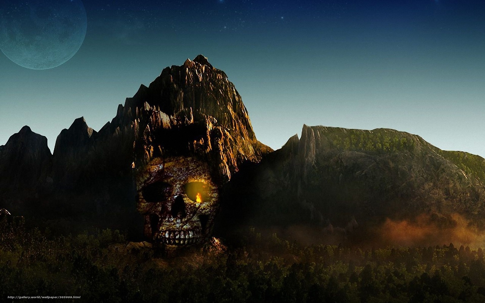 Skull-shaped mountain at night