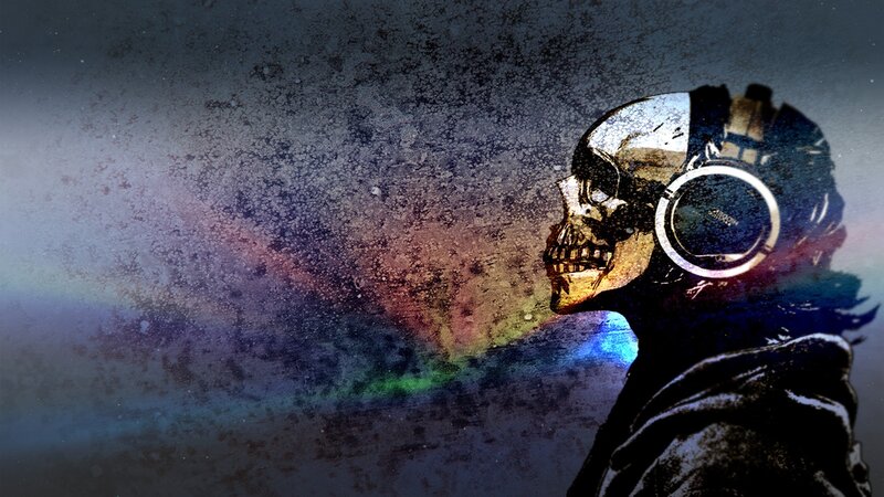 Skull Wearing Headphones — Black, Dark, Dramatic, Digital Art