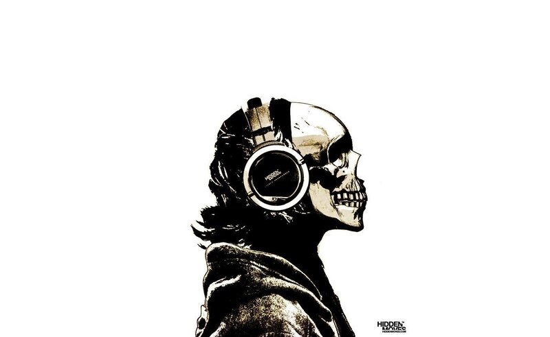 Skull Wearing Headphones — Black, Dark, Illustration, Hoodie
