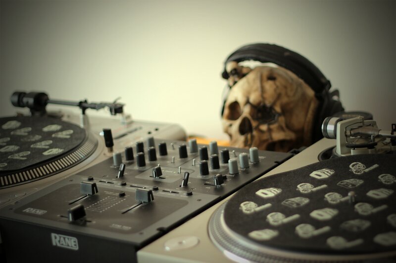 Skull Wearing Headphones — Black, Dark, Photograph