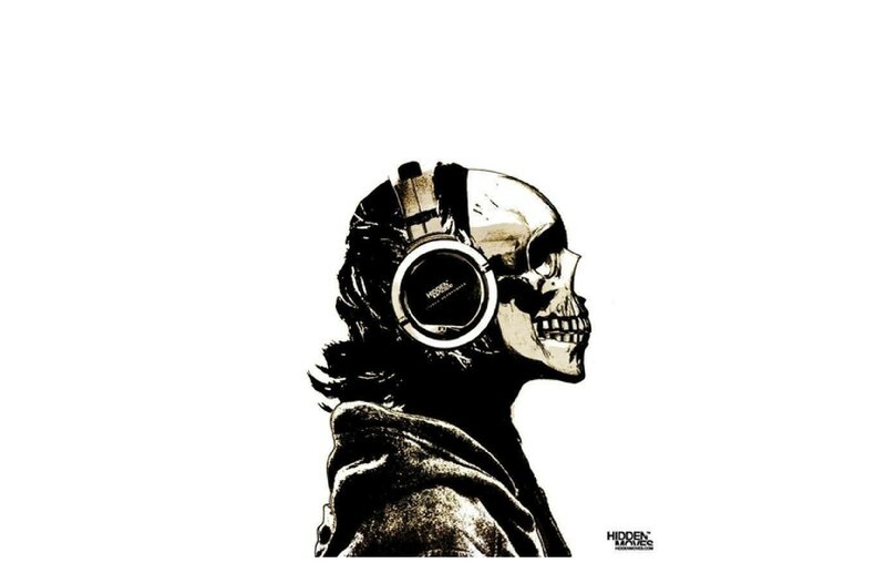 Skull Wearing Headphones — Black, Dark