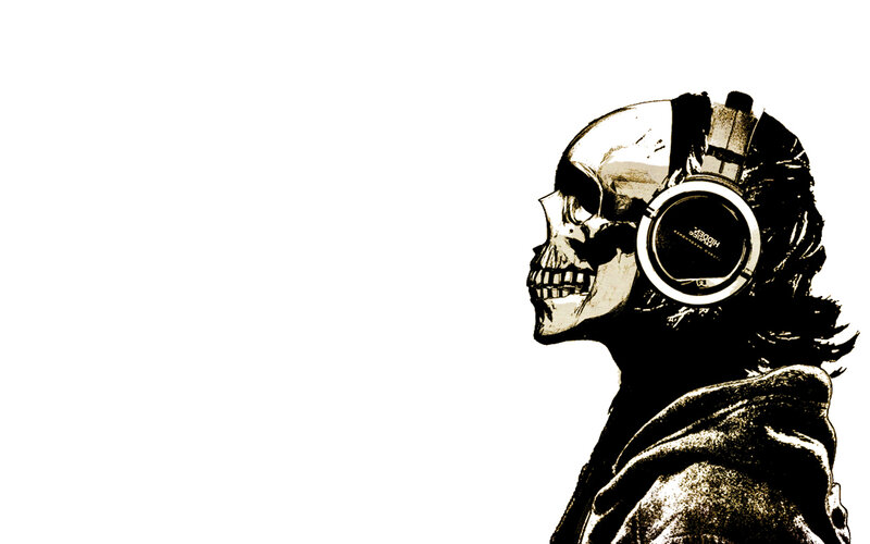 Skull Wearing Headphones — Black, Dramatic, Manga, Hoodie, White