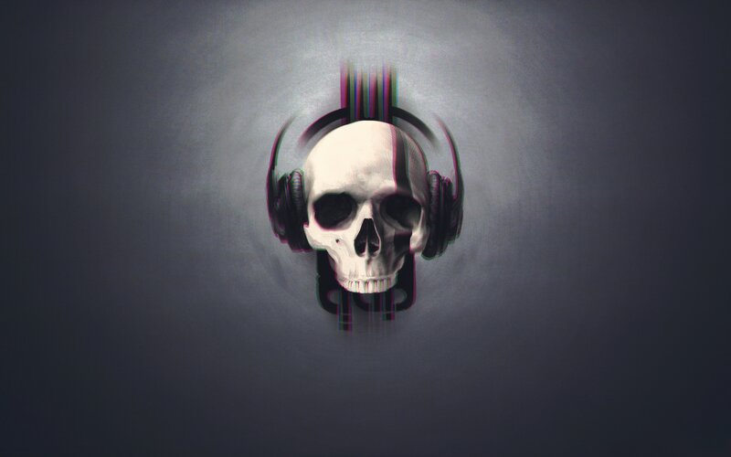 Skull Wearing Headphones — Gray, Dark
