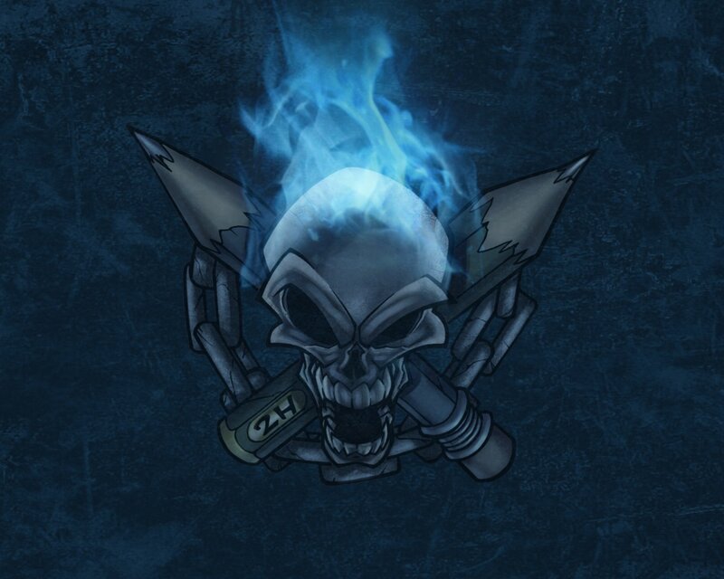 Skull with Blue Flames — Dark, Digital Art, Crossbones