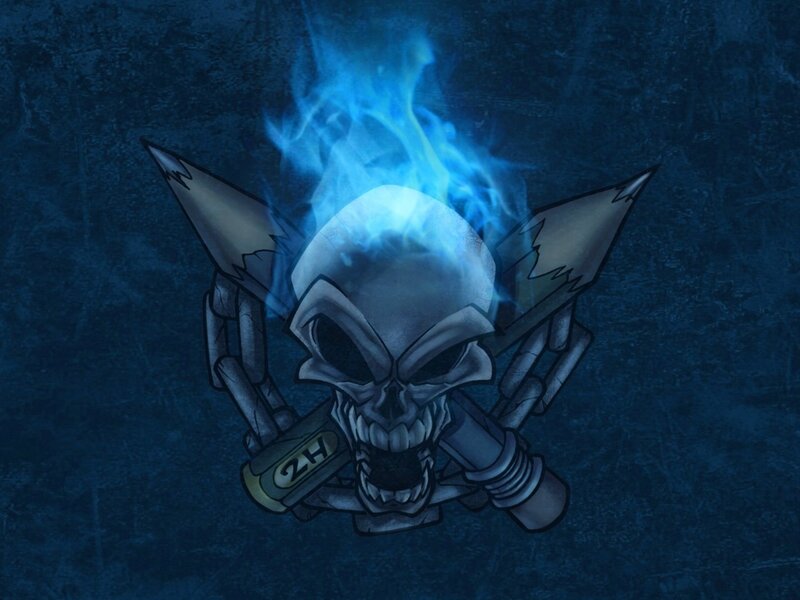Skull with Blue Flames — Dark, Digital Art, Crossed Bones