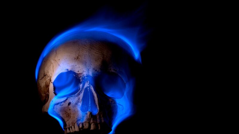 Skull with Blue Flames — Dramatic, Photograph