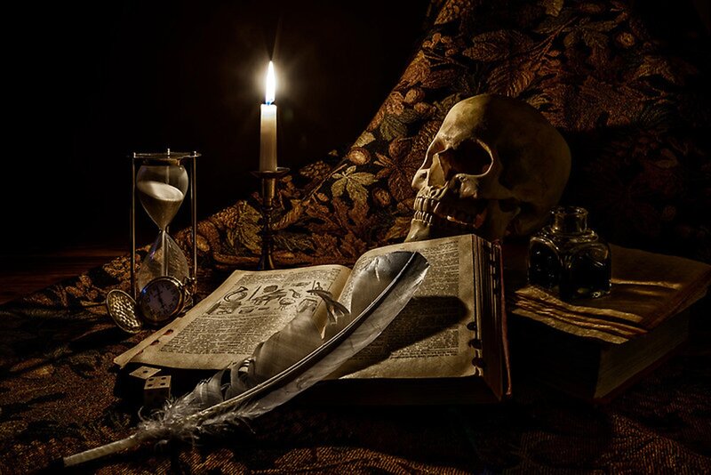 Skull with Book and Candle
