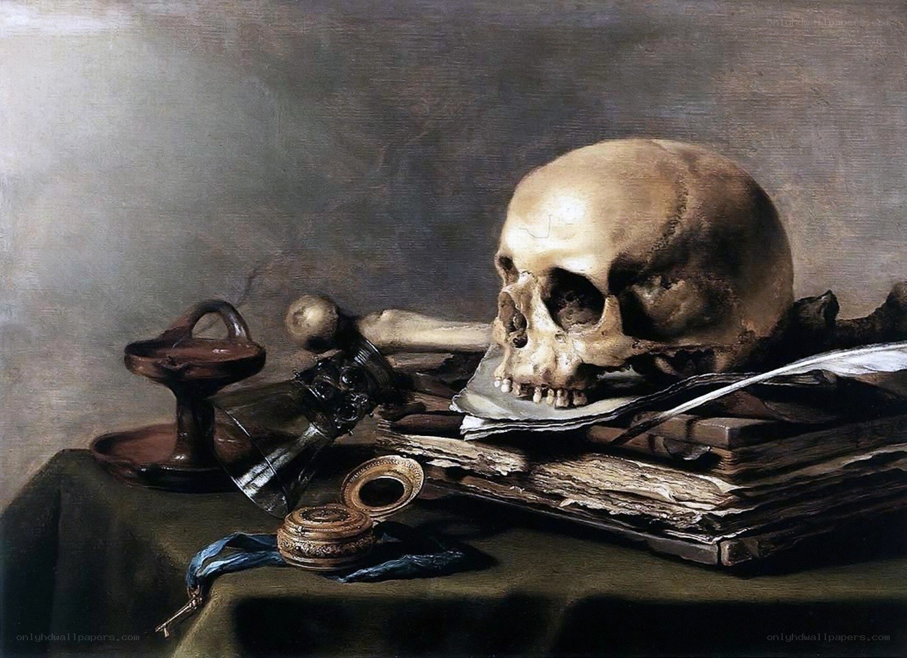 Skull with books and objects