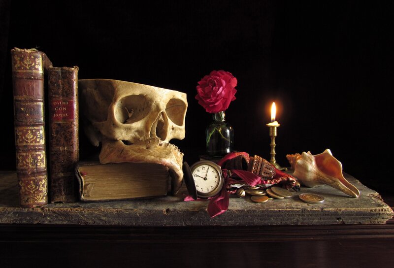 Skull with Books and Rose