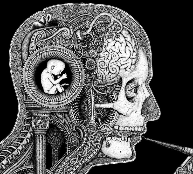 Skull with Brain and Fetus — Black, Dramatic, Illustration