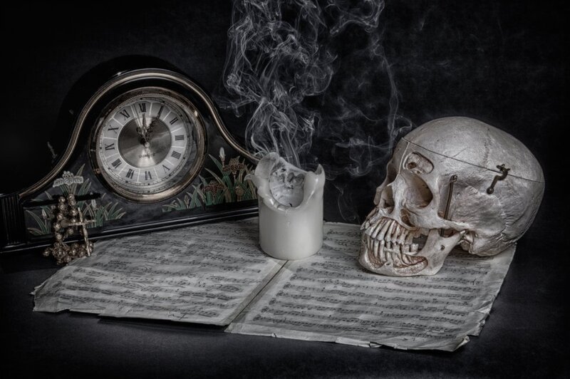 Skull with Candle and Clock