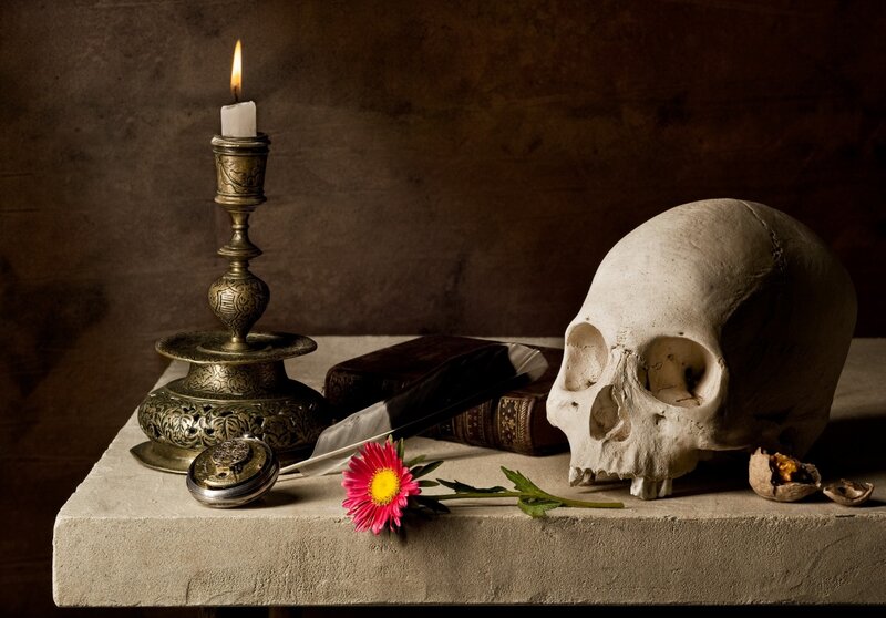 Skull with Candle and Flower — Brown