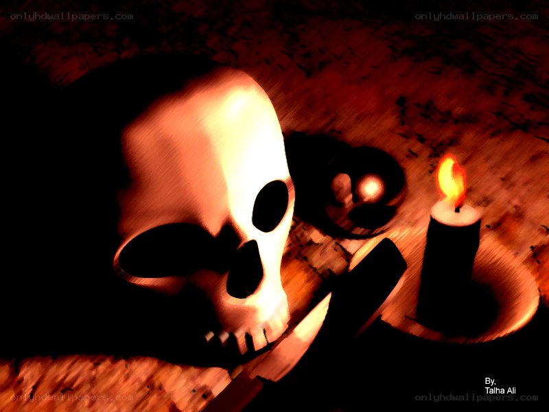Skull with candle on wood