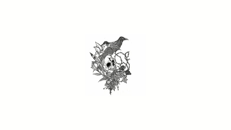 skull with crow and flowers