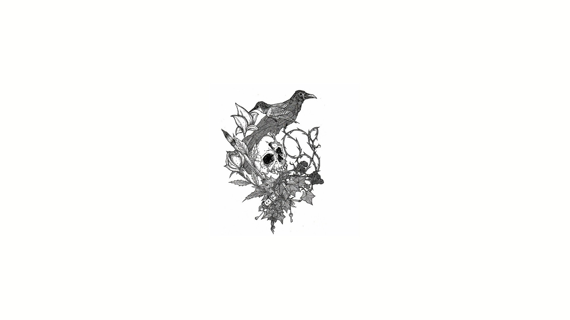 skull with crow and flowers