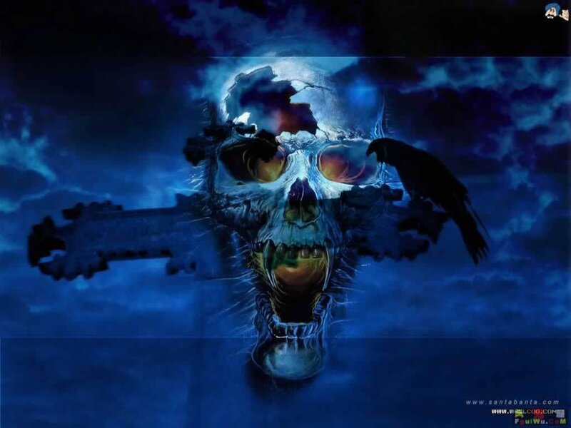 skull with crow and moon