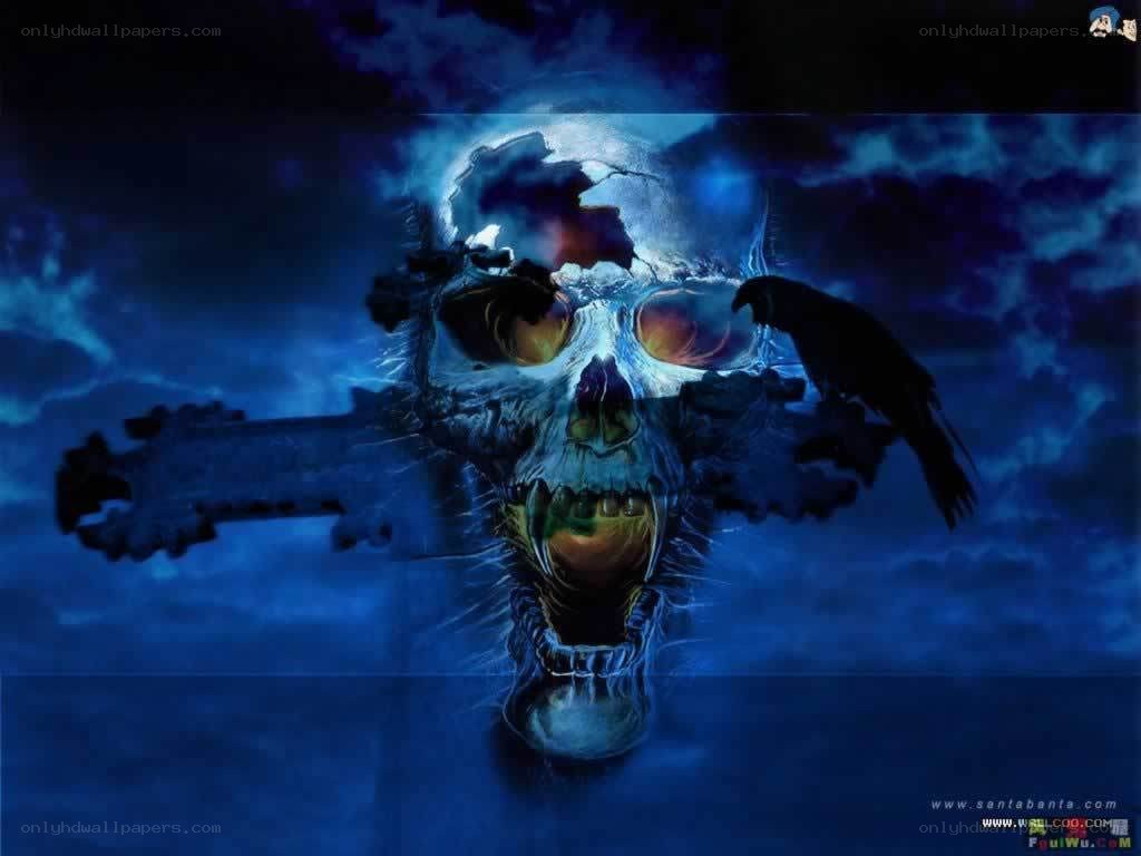 skull with crow and moon