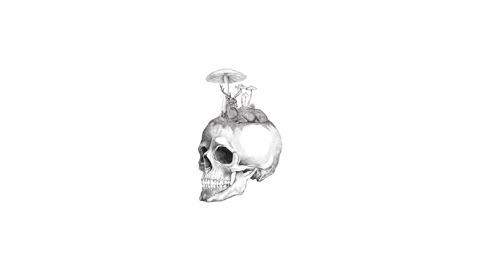 skull with deer and mushrooms