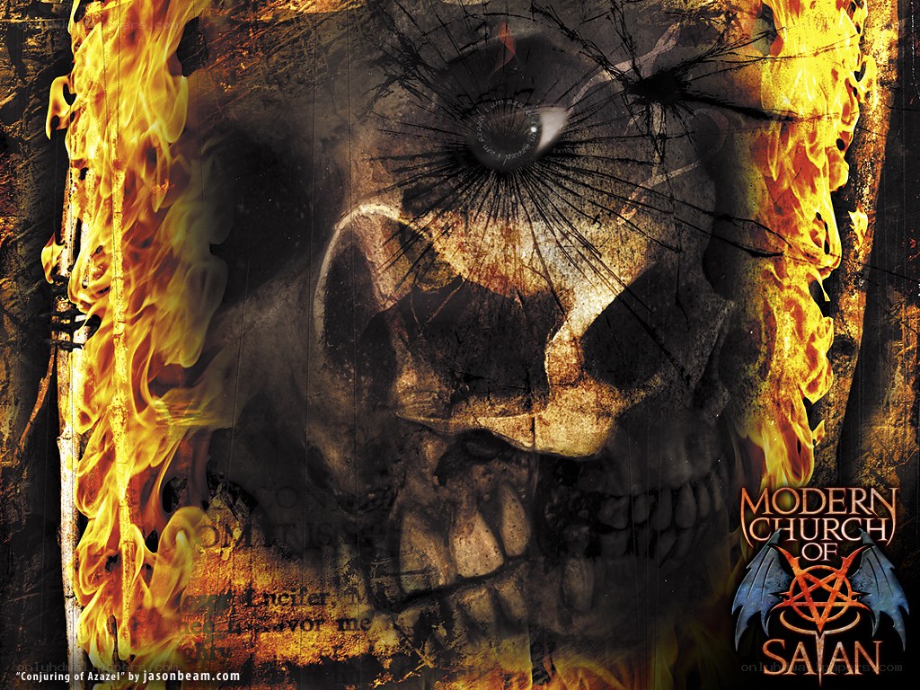 Skull with flames and satanic logo