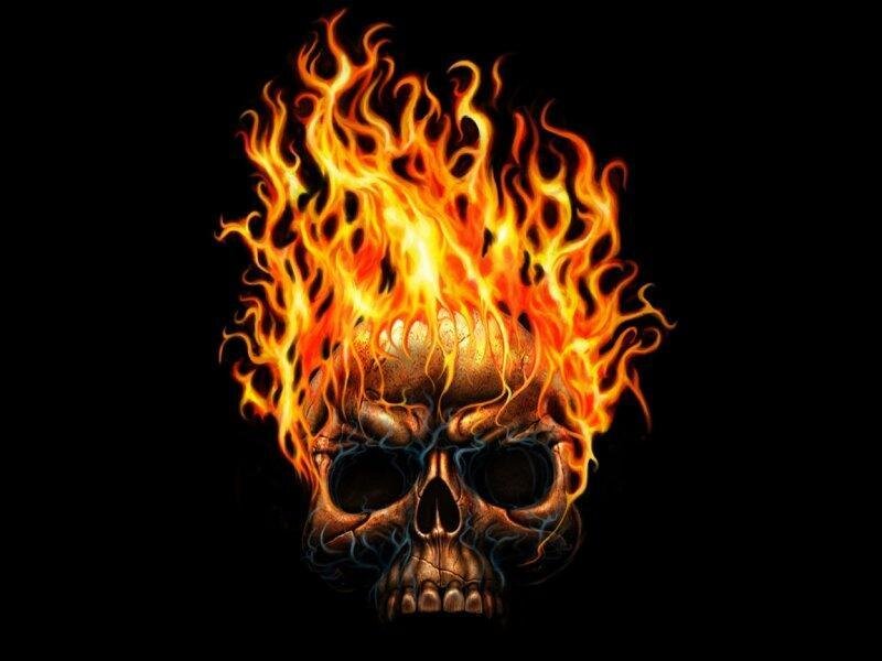 Skull with Flames — Black, Dramatic, Digital Art, Orange, Yellow