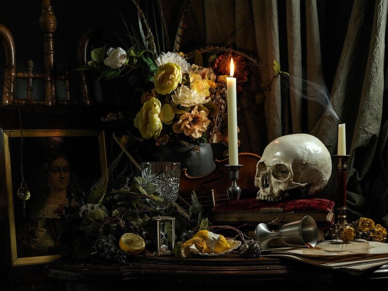 Skull with Flowers and Candle