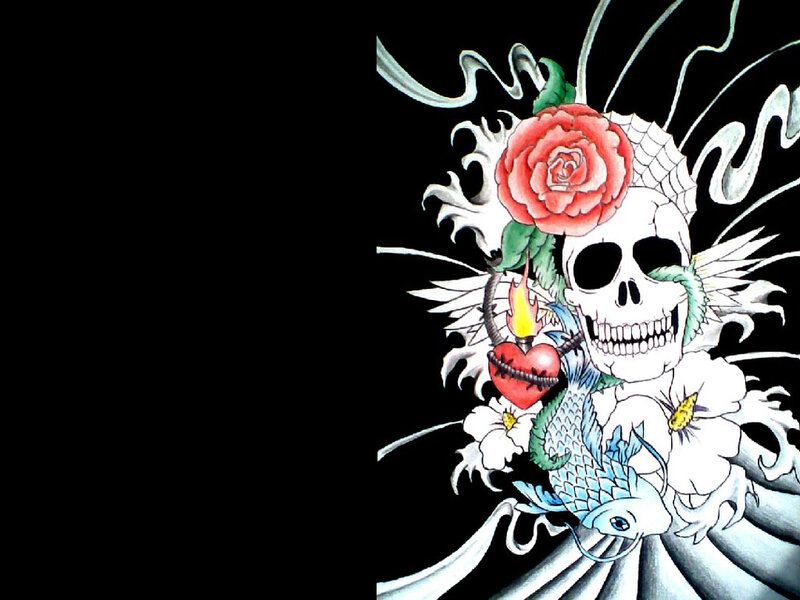 Skull with Flowers and Fish