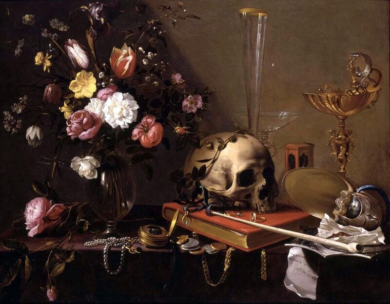 Skull with Flowers and Objects