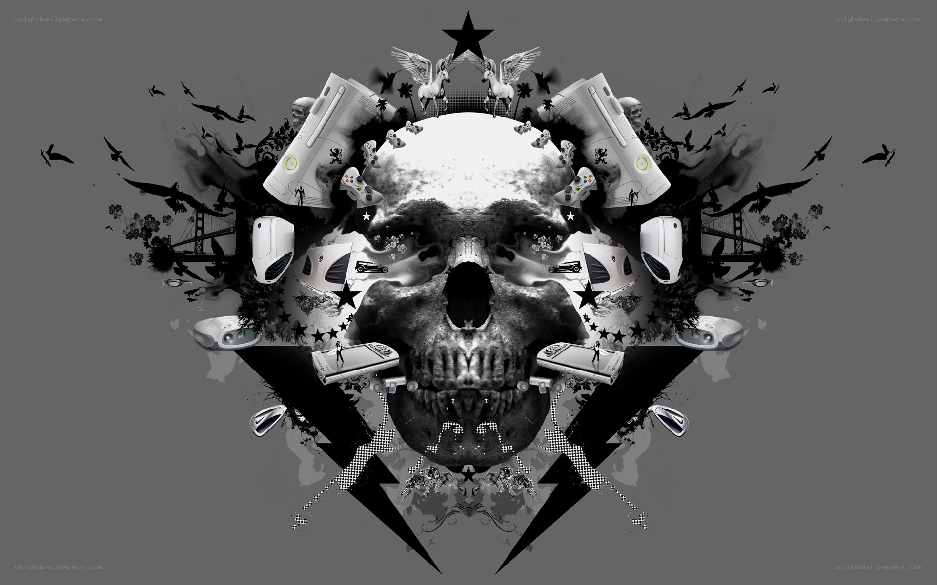 skull with gaming consoles