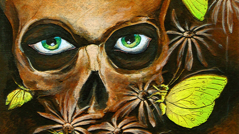 skull with green eyes and butterflies