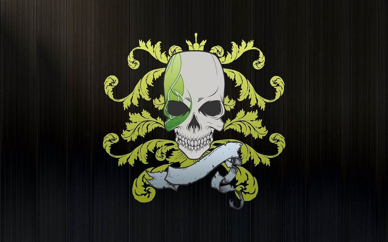 skull with green leaf design