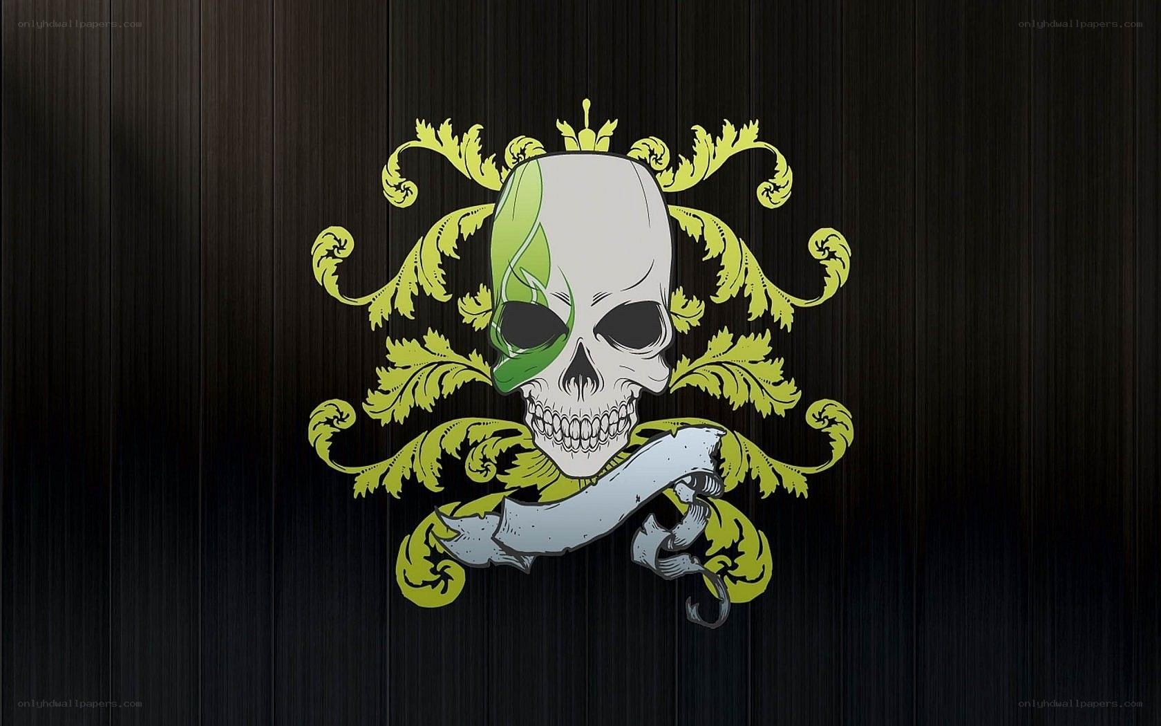 skull with green leaf design