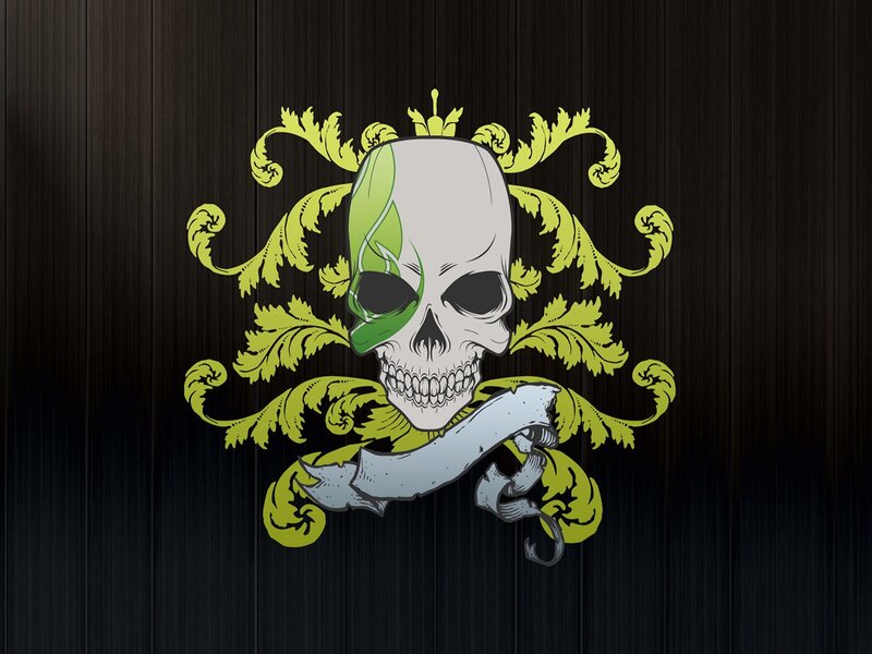 skull with green leaf design
