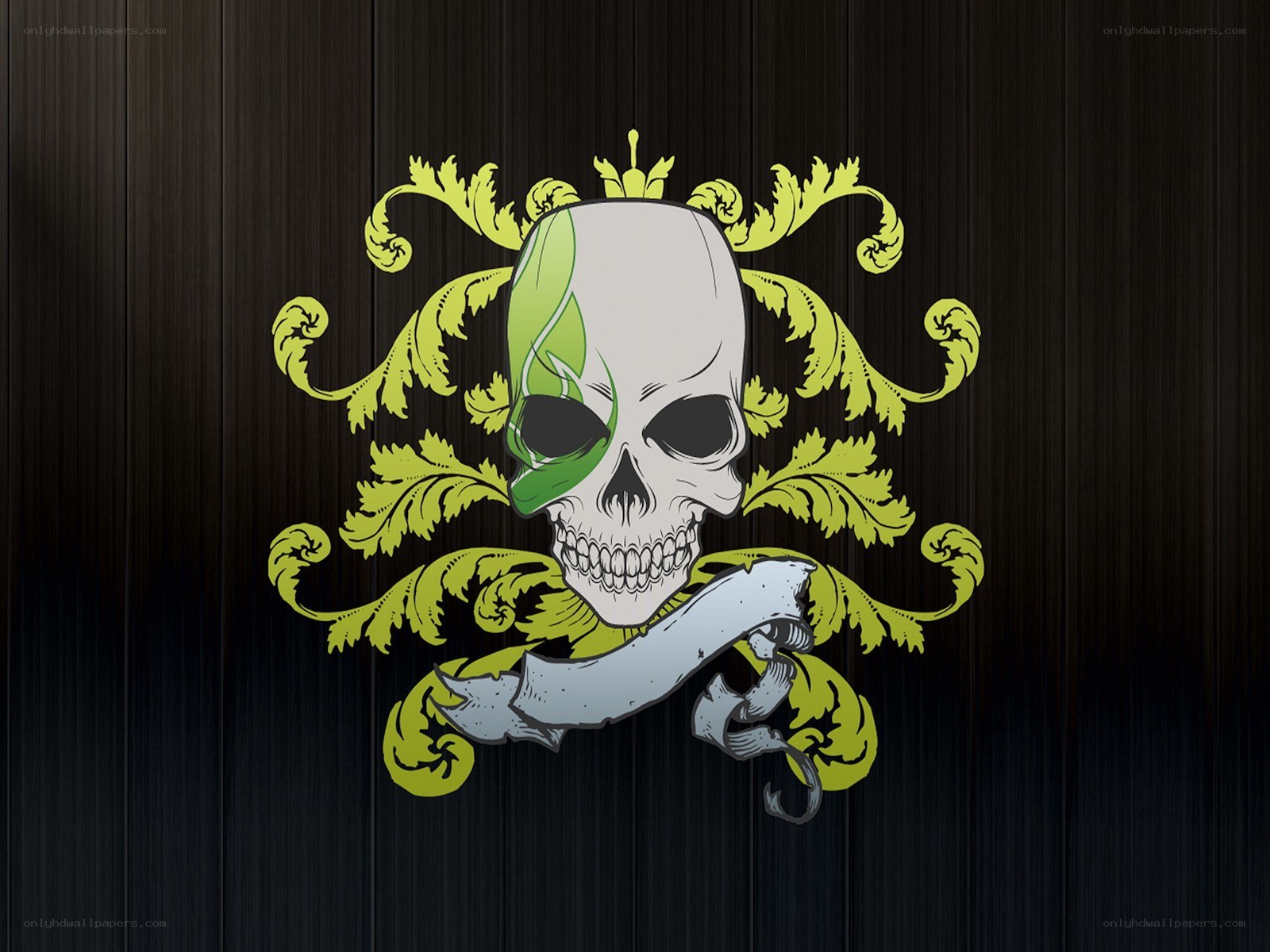 skull with green leaf design