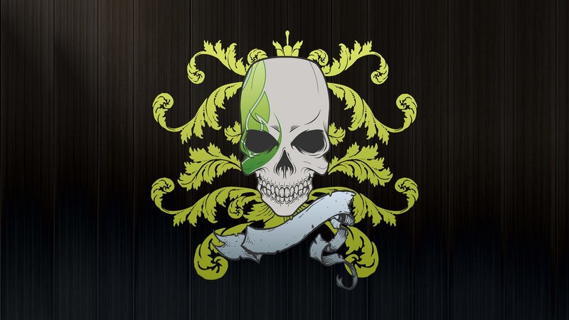 skull with green leaf design