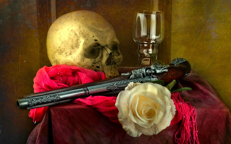 Skull with Gun and Rose