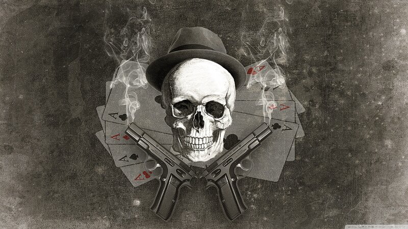 Skull with Guns and Cards — Black