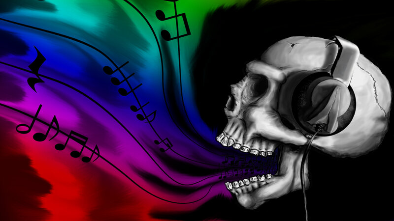 skull with headphones and music