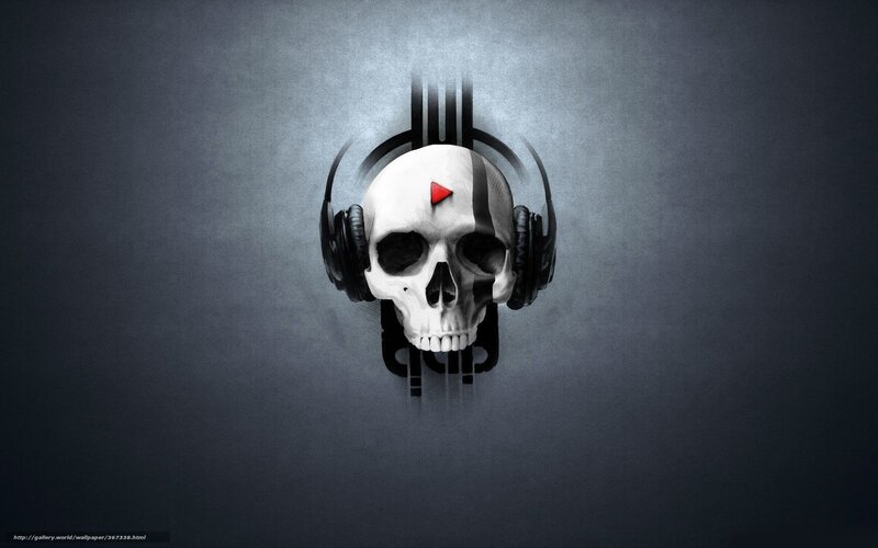 Skull with Headphones — Gray, Dark, Digital Art