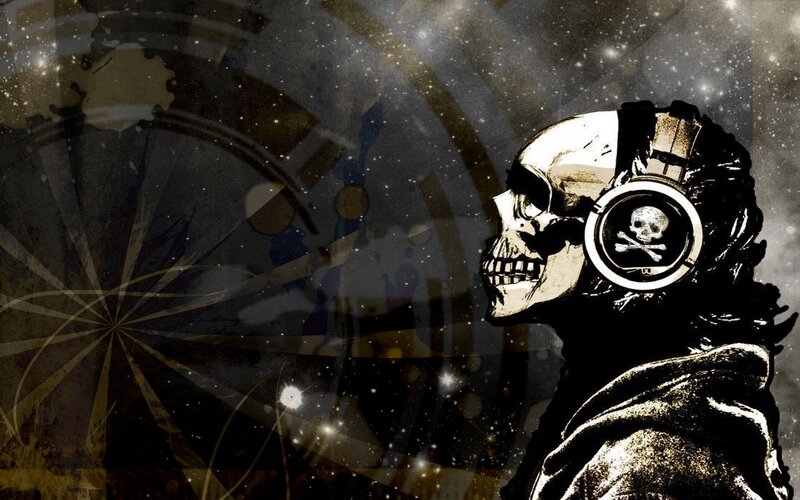 skull with headphones in space